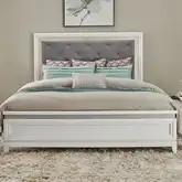 Reflections Queen Bed in Pearl White Wood, Rhinestones & Gray Fabric