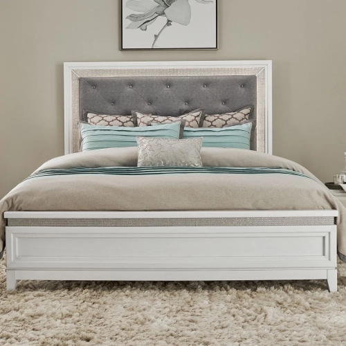 Reflections King Bed in Pearl White Wood, Rhinestones & Gray Fabric