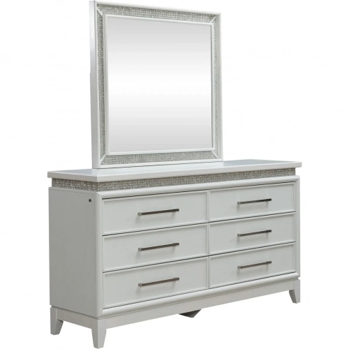 Reflections Dresser & Mirror in Pearl White Wood & Rhinestone