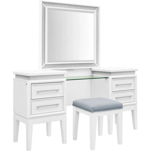 Reflections 3 Piece Bedroom Vanity Set in Pearl White Wood & Rhinestone