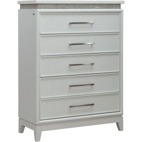 Reflections 5 Drawer Chest w/ Lights in Pearl White Wood & Rhinestone