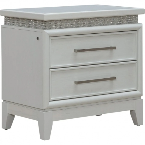 Reflections Nightstand w/ Lights & Charging in Pearl White Wood & Rhinestone