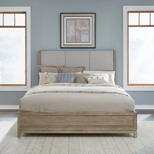 Brentwood Queen Bed in Sandstone Wood & Taupe Fabric