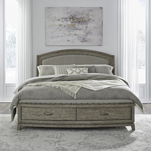Avalon California King Storage Bed in Beige Wood & Oatmeal Fabric