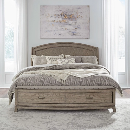 Avalon King Panel Storage Bed in Burnished Beige Wood & Linen