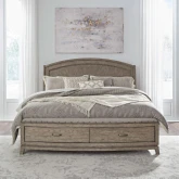 Avalon Queen Panel Storage Bed in Burnished Beige Wood & Linen