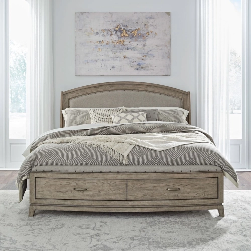 Avalon Queen Storage Bed in Burnished Beige Wood & Linen