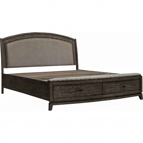 Avalon King Storage Bed in Coffee Brown Wood & Oatmeal Fabric