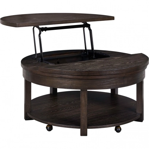 Weston Round Lift Top Coffee Cocktail Table in Distressed Brown Wood