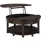 Weston Round Lift Top Coffee Cocktail Table in Distressed Brown Wood