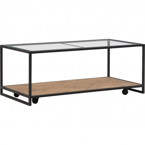 Bedford Coffee Cocktail Table in Weathered Wood, Metal & Tempered Glass