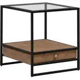 Bedford Drawer End Table in Weathered Wood, Metal & Tempered Glass