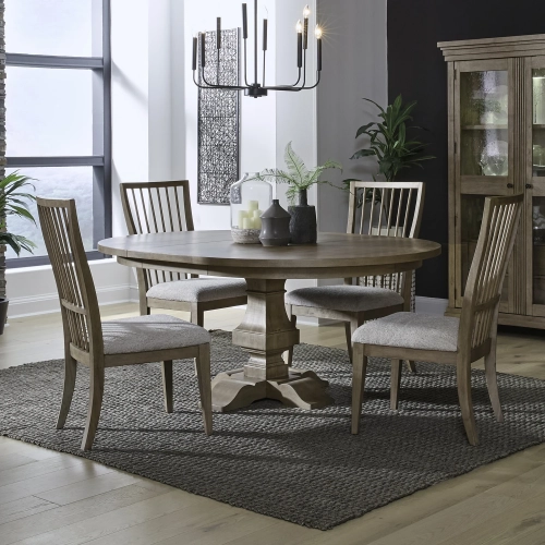 Haven Hills 5 Piece Pedestal Dining Set in Beige Wood & Sand Fabric