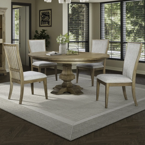 Haven Hills 5 Piece Pedestal Dining Set in Beige Wood & Sand Fabric