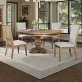 Haven Hills 5 Piece Pedestal Dining Set in Beige Wood & Sand Fabric