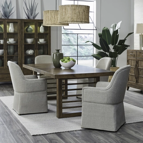 Shaker Lakes 5-Piece Double Pedestal Table Set in Wood & Taupe Fabric