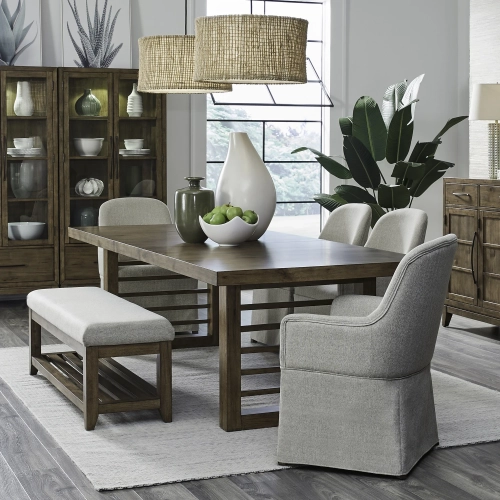 Shaker Lakes 6-Piece Double Pedestal Table Set in Wood & Taupe Fabric