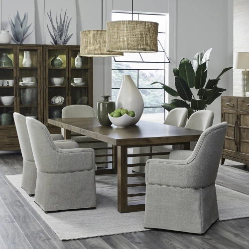 Shaker Lakes 7-Piece Double Pedestal Table Set in Wood & Taupe Fabric