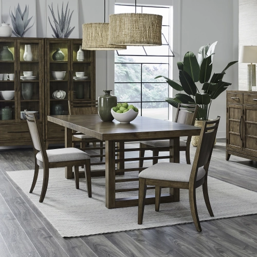 Shaker Lakes 5-Piece Double Pedestal Table Set in Wood & Taupe Fabric