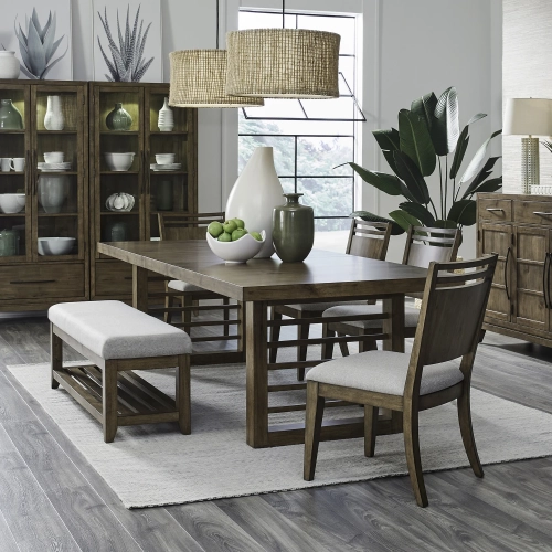 Shaker Lakes 6-Piece Double Pedestal Table Set in Wood & Taupe Fabric