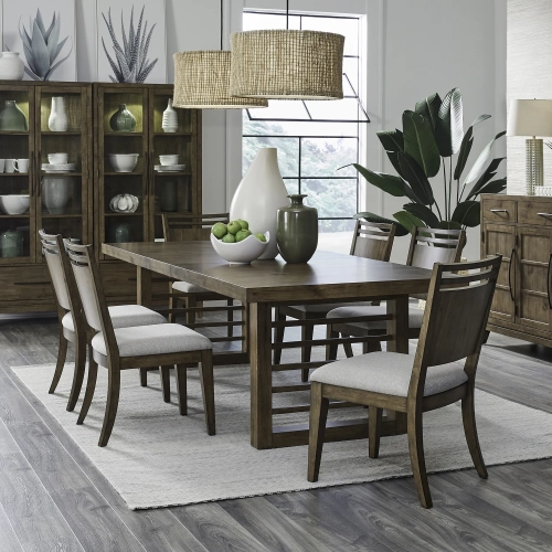 Shaker Lakes 7-Piece Double Pedestal Table Set in Wood & Taupe Fabric