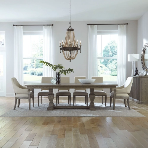 Westfield 7 Piece Trestle Dining Set in Brown Wood & Sand Fabric