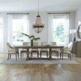 Westfield 7 Piece Trestle Dining Set in Brown Wood & Sand Fabric