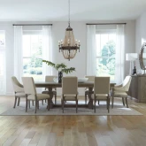 Westfield 9 Piece Trestle Dining Set in Brown Wood & Sand Fabric