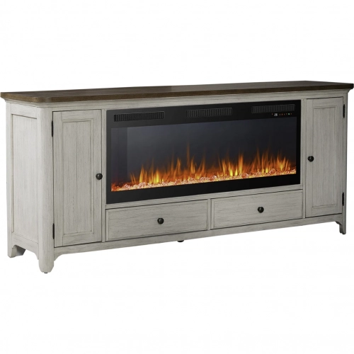 Farmhouse Reimagined 80 Inch TV Stand Fireplace Console in Chestnut & White