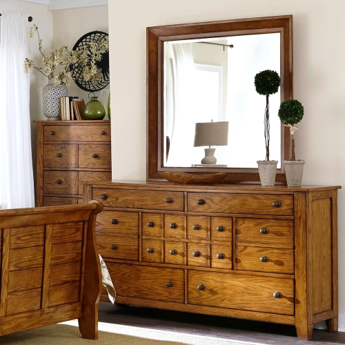 Grandpas Cabin Dresser & Mirror in Aged Oak Wood