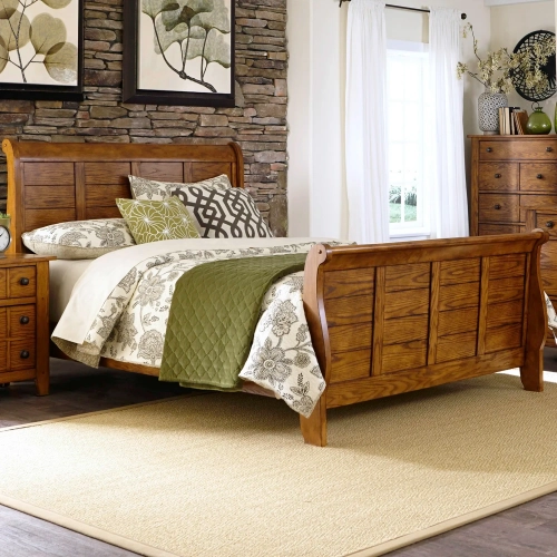 Grandpas Cabin King Sleigh Bed in Aged Oak Wood