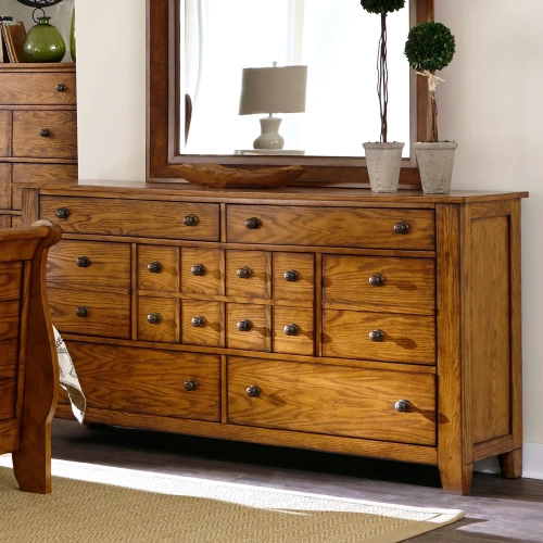 Grandpas Cabin 7-Drawer Dresser in Aged Oak Wood