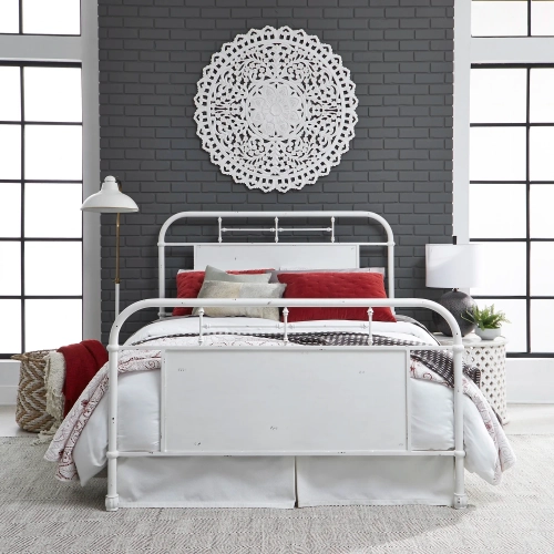 Vintage Series Queen Metal Bed in Distressed Antique White