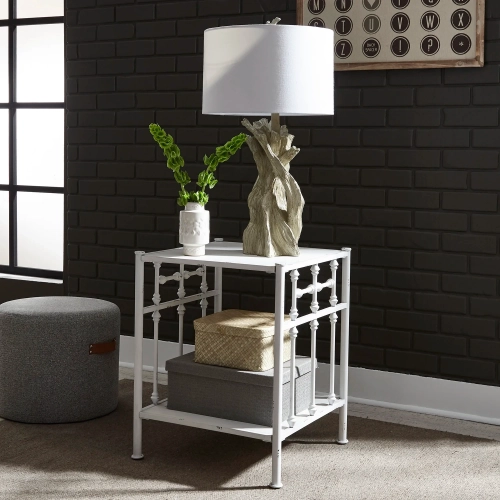Vintage Open Nightstand in Distressed Antique White Metal