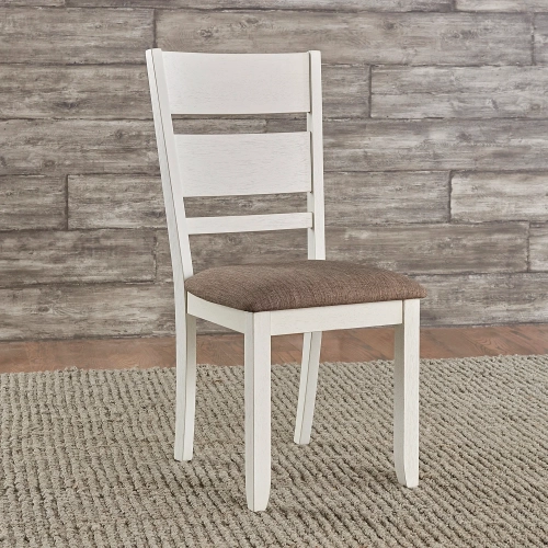 Brook Bay Slat Back Dining Chair in Textured White Wood & Gray Linen