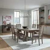 Brook Bay 7-Piece Trestle Dining Set in Sandstone Wood & Gray Linen