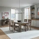 Brook Bay 5-Piece Trestle Dining Set in Sandstone Wood & Gray Linen