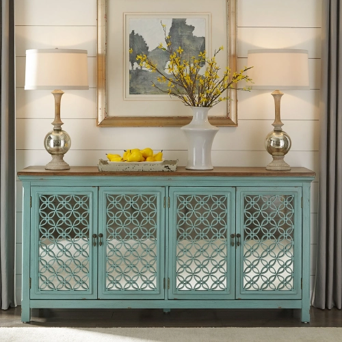 Kensington 4-Door Accent Cabinet in Turquoise & Worn Wood