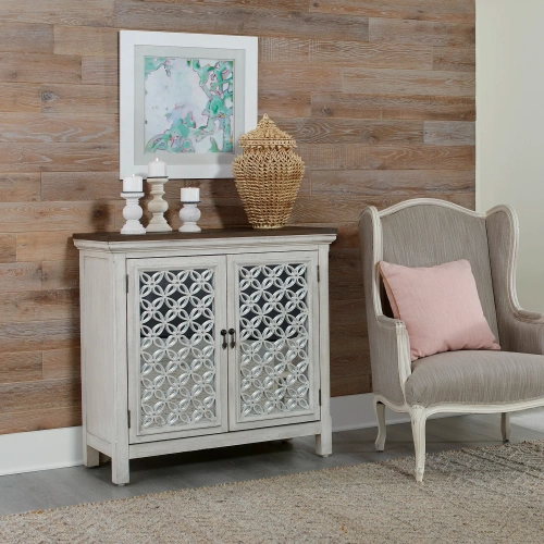 Westridge 2-Door Accent Cabinet in Brushed White Gray, Mirror & Wood