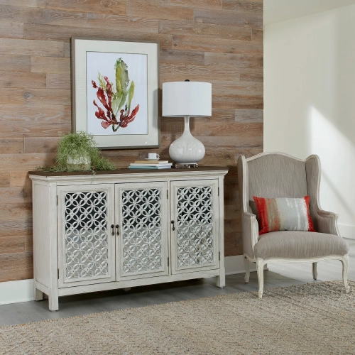 Westridge 3-Door Accent Cabinet in Brushed White Gray, Mirror & Wood