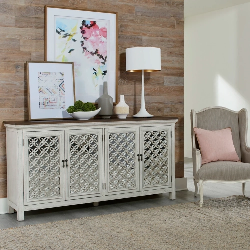 Westridge 4-Door Accent Cabinet in Brushed White Gray, Mirror & Wood