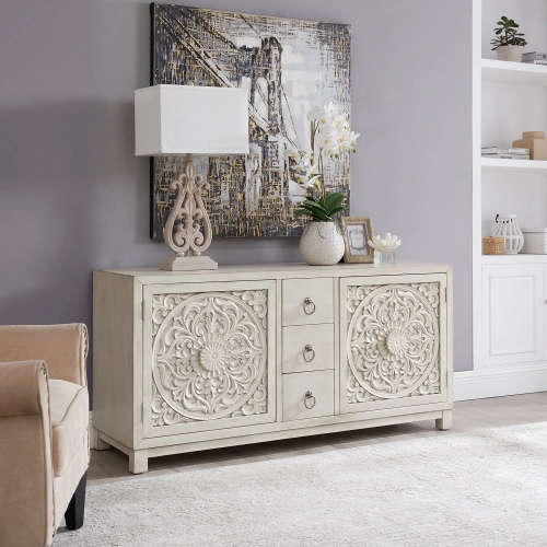 Sundance 2-Door 3-Drawer Accent Cabinet in Antique Linen White Wood