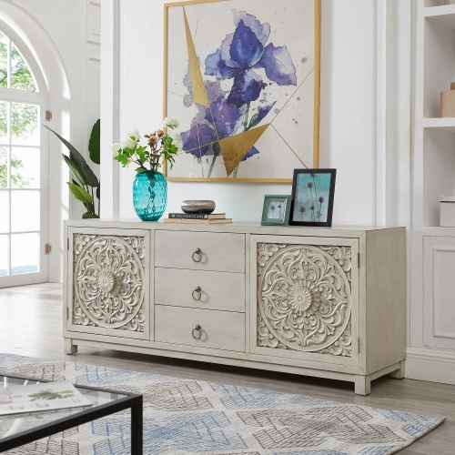 Sundance 2-Door 3-Drawer Accent Cabinet in Antique Linen White Wood
