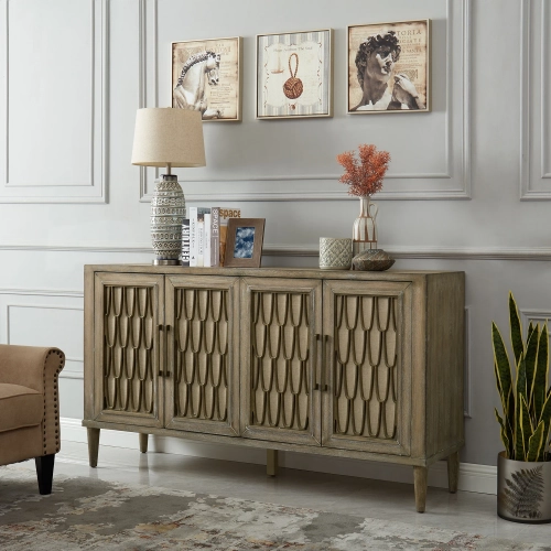 Devonshire 4-Door Accent Cabinet in Driftwood Wood & Linen