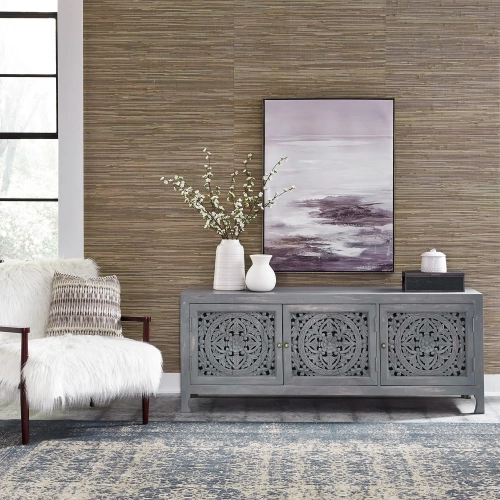 Marisol 65" 3-Door TV Stand in Washed Gray & Cream Wood