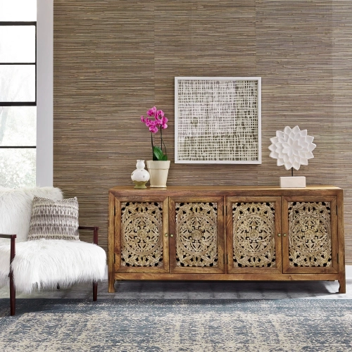 Marisol 74" 4-Door TV Stand in Weathered Honey & Brushed Cream Wood