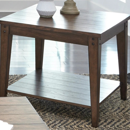 Lake House Lamp End Table in Rustic Brown Oak