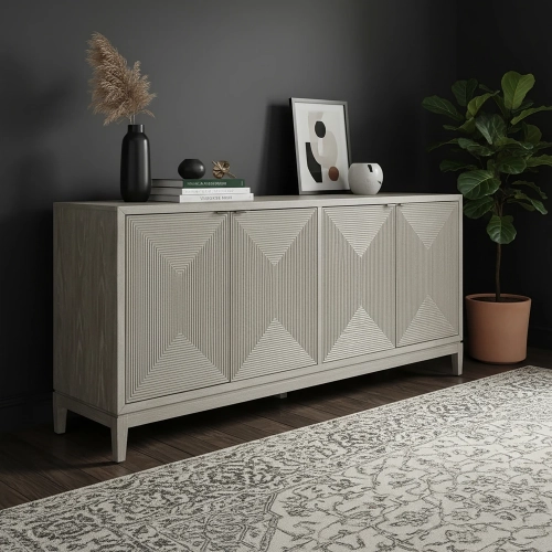 Kinsley 4-Door Cabinet in Washed Taupe & Silver Champagne Wood