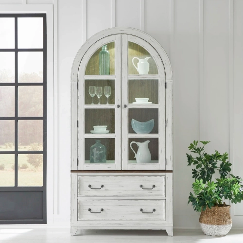 River Place Curio Cabinet in Distressed White, Brown & Seeded Glass