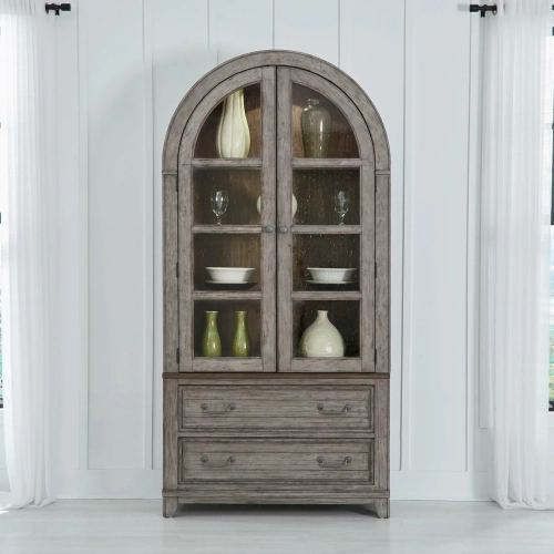River Place Curio Cabinet in Distressed Gray & Brown Wood & Seed Glass